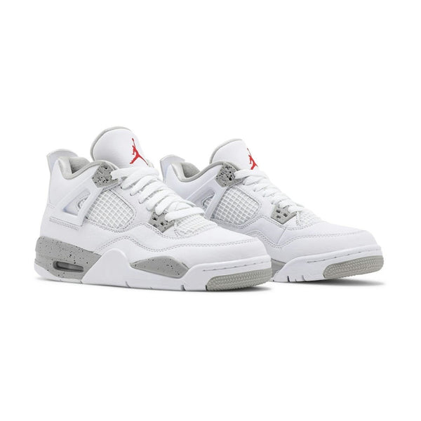 Air Jordan 4 Retro "White Oreo" sneakers featuring a white tumbled leather upper with signature speckled grey eyelets and midsole accents