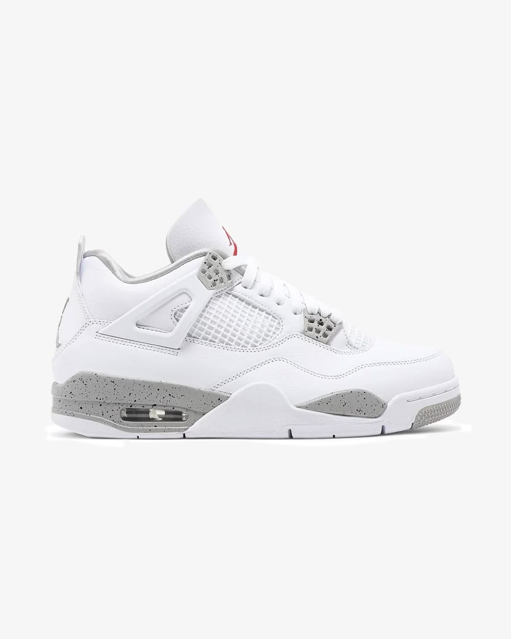 Air Jordan 4 Retro "White Oreo" sneakers featuring a white tumbled leather upper with signature speckled grey eyelets and midsole accents