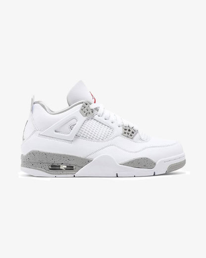 Air Jordan 4 Retro "White Oreo" sneakers featuring a white tumbled leather upper with signature speckled grey eyelets and midsole accents