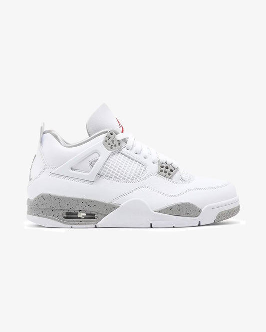 Air Jordan 4 Retro "White Oreo" sneakers featuring a white tumbled leather upper with signature speckled grey eyelets and midsole accents