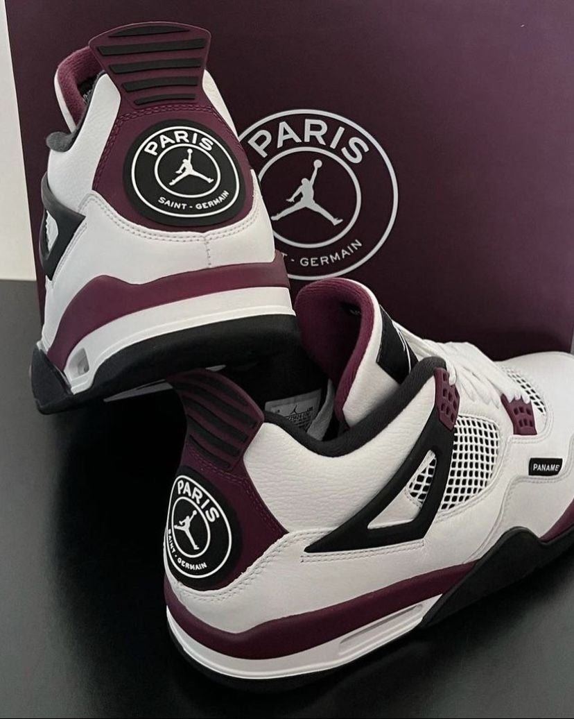 Air Jordan 4 Retro 'Paris Saint-Germain' featuring a distinctive circular PSG crest on the maroon-and-white heel tab