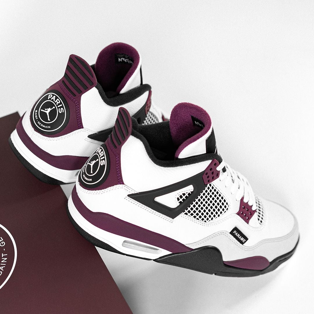 Air Jordan 4 Retro 'Paris Saint-Germain' featuring a distinctive circular PSG crest on the maroon-and-white heel tab