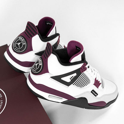 Air Jordan 4 Retro 'Paris Saint-Germain' featuring a distinctive circular PSG crest on the maroon-and-white heel tab