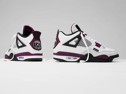 Air Jordan 4 Retro 'Paris Saint-Germain' featuring a distinctive circular PSG crest on the maroon-and-white heel tab