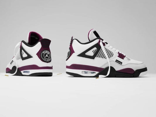 Air Jordan 4 Retro 'Paris Saint-Germain' featuring a distinctive circular PSG crest on the maroon-and-white heel tab