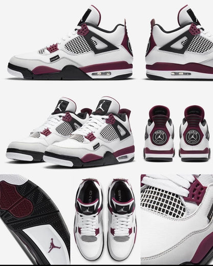 Air Jordan 4 Retro 'Paris Saint-Germain' featuring a distinctive circular PSG crest on the maroon-and-white heel tab