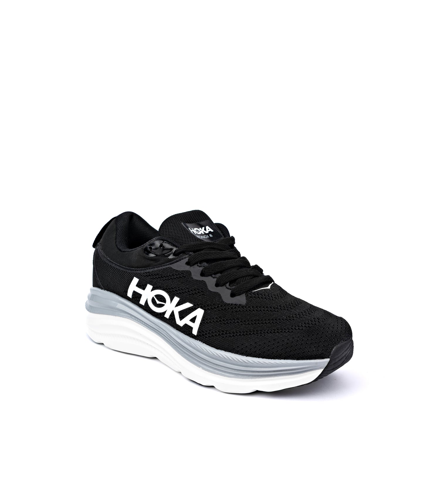 HOKA Bondi 8 running shoe in black with a white and gray sole