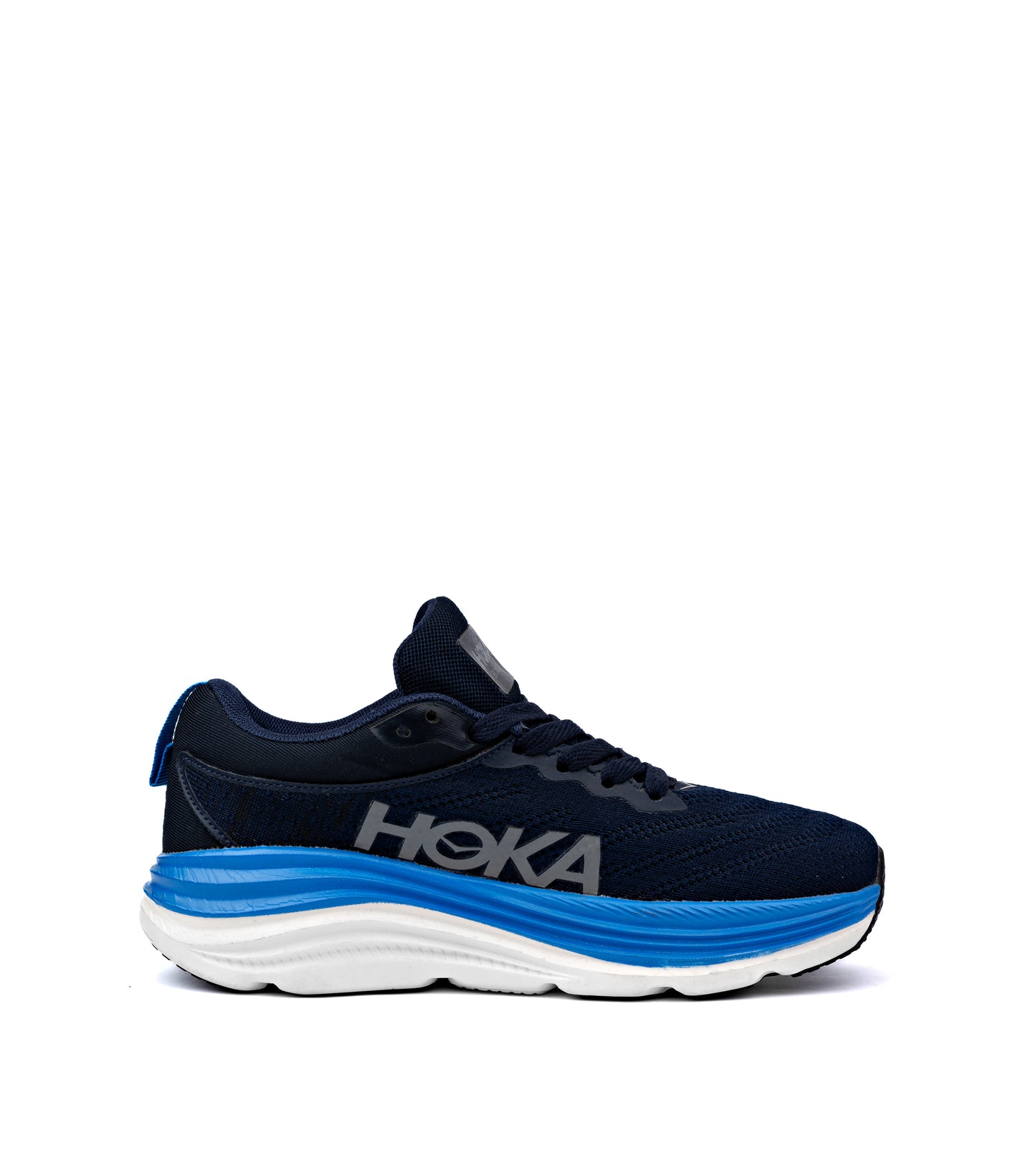 Hoka Bondi 8 running shoe in a navy blue and white