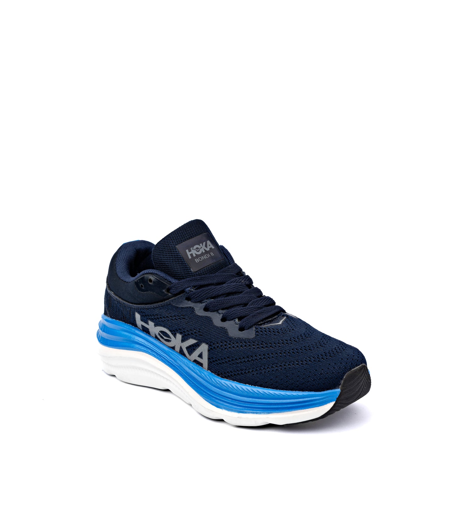 Hoka Bondi 8 running shoe in a navy blue and white