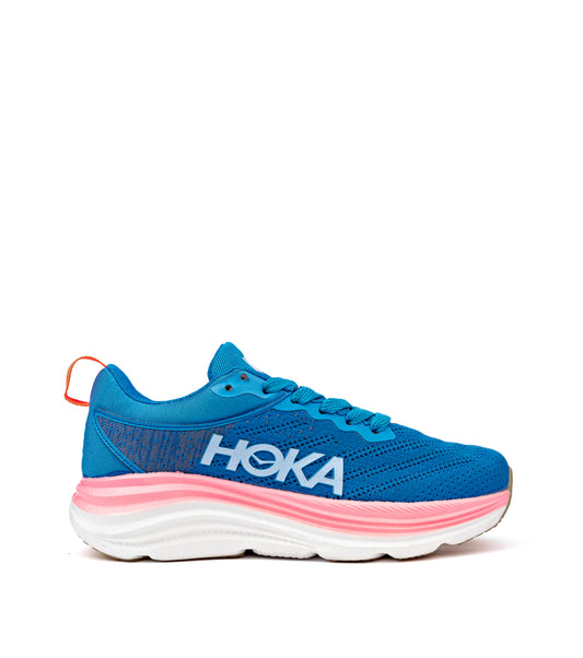 HOKA Bondi 8 women's running shoe in blue with a pink and white sole