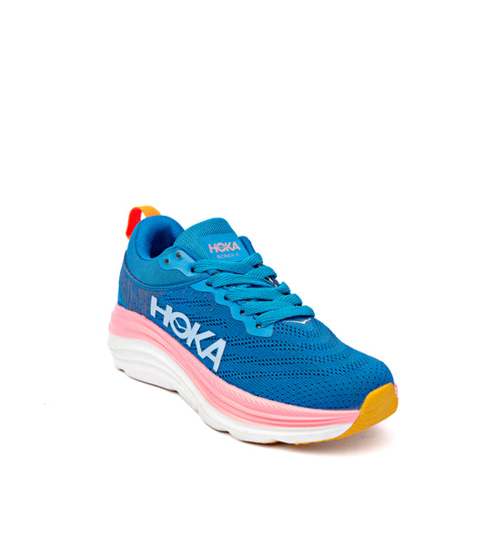 HOKA Bondi 8 women's running shoe in blue with a pink and white sole