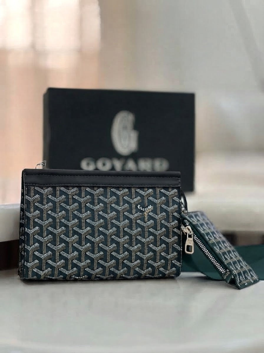 Goyard Chypre wallet on strap featuring the iconic chevron Goyardine coated canvas and a matching detachable small pouch