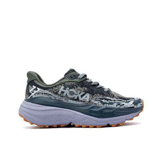 HOKA Stinson 7 trail running shoe in the Satellite Grey/Varsity Navy