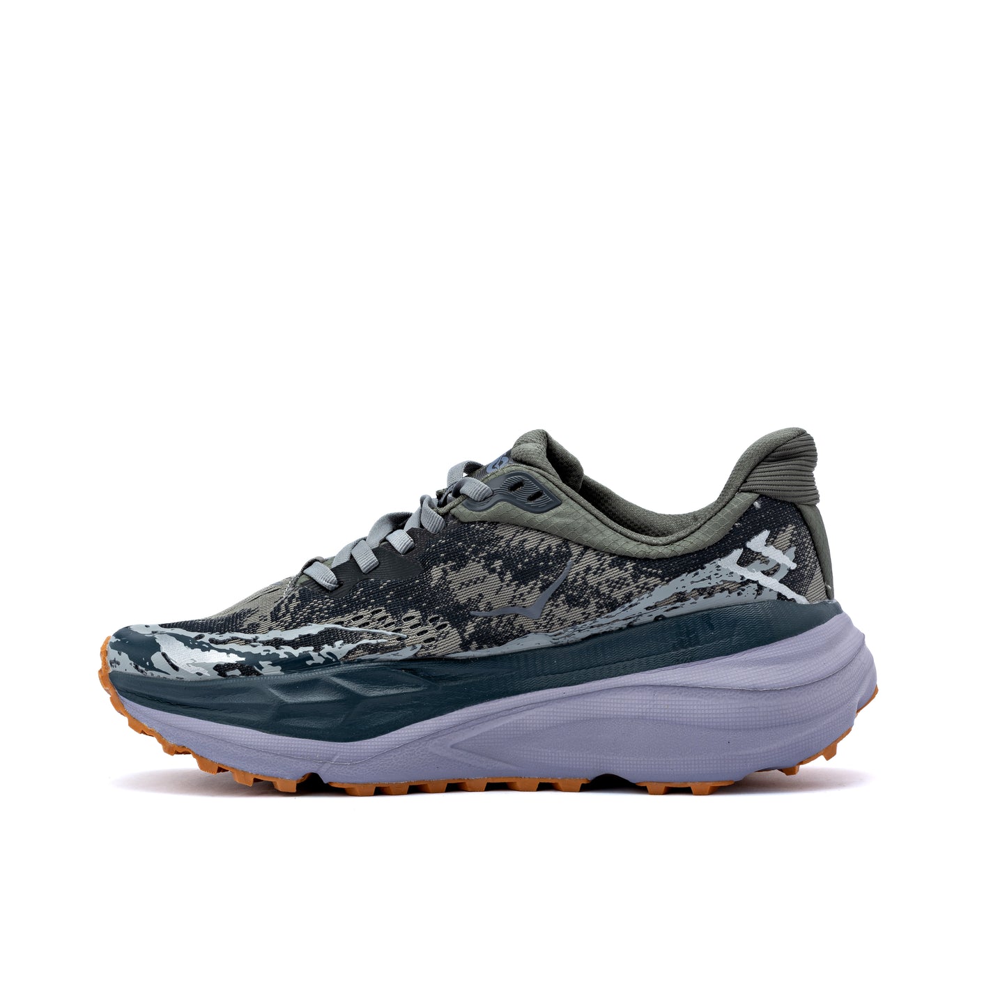 HOKA Stinson 7 trail running shoe in the Satellite Grey/Varsity Navy