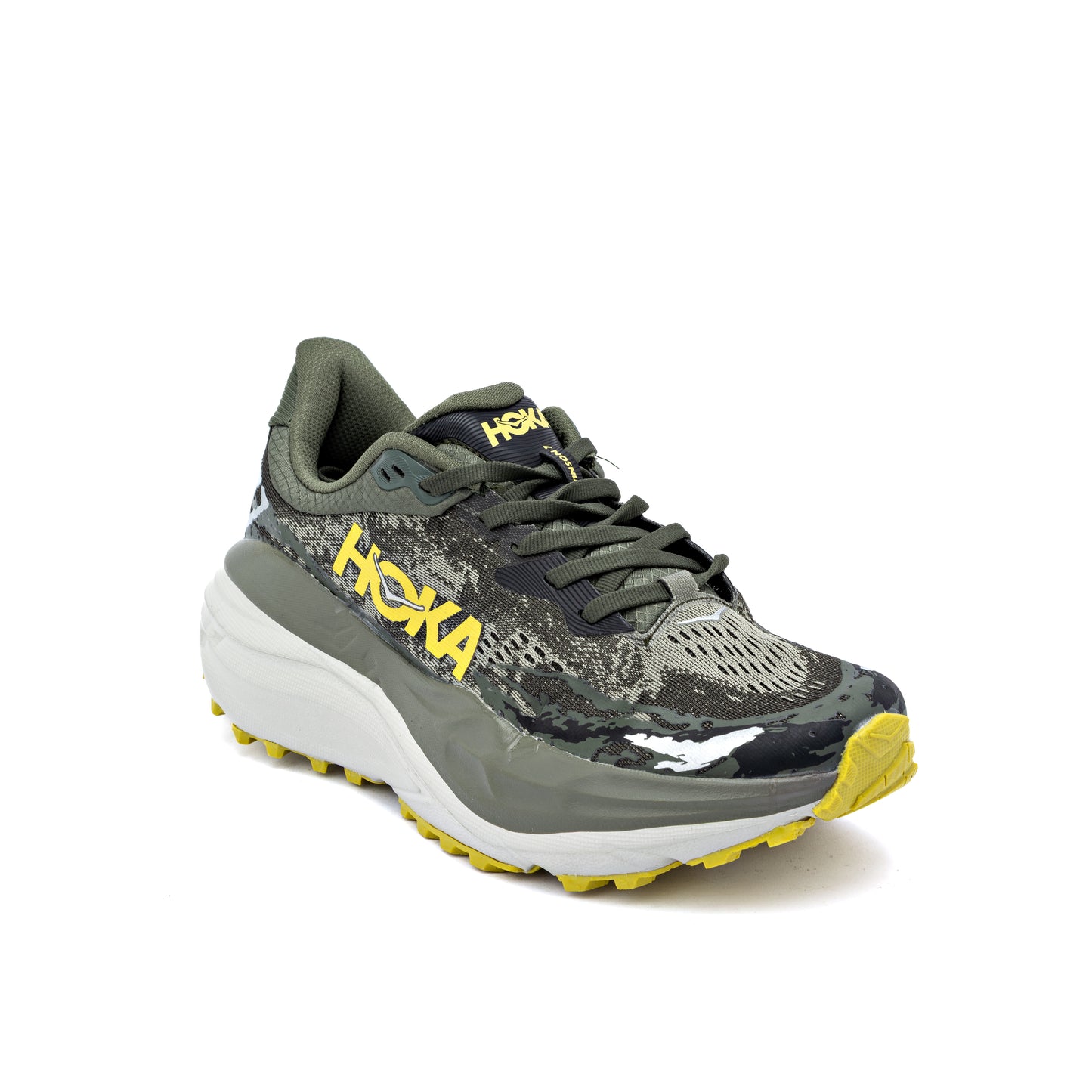 Hoka Stinson 7 trail running shoe in the green/camo