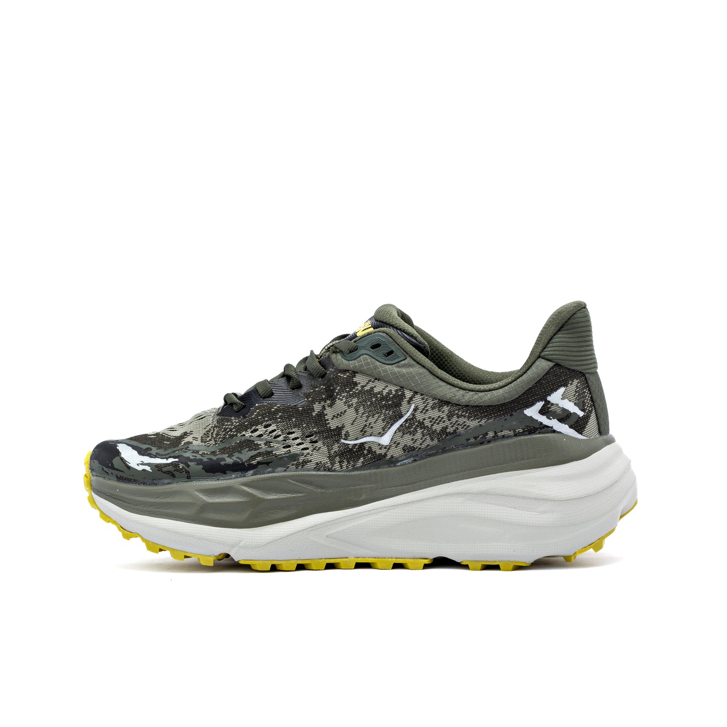 Hoka Stinson 7 trail running shoe in the green/camo