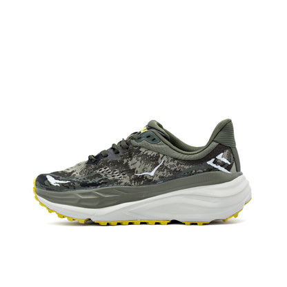 Hoka Stinson 7 trail running shoe in the green/camo