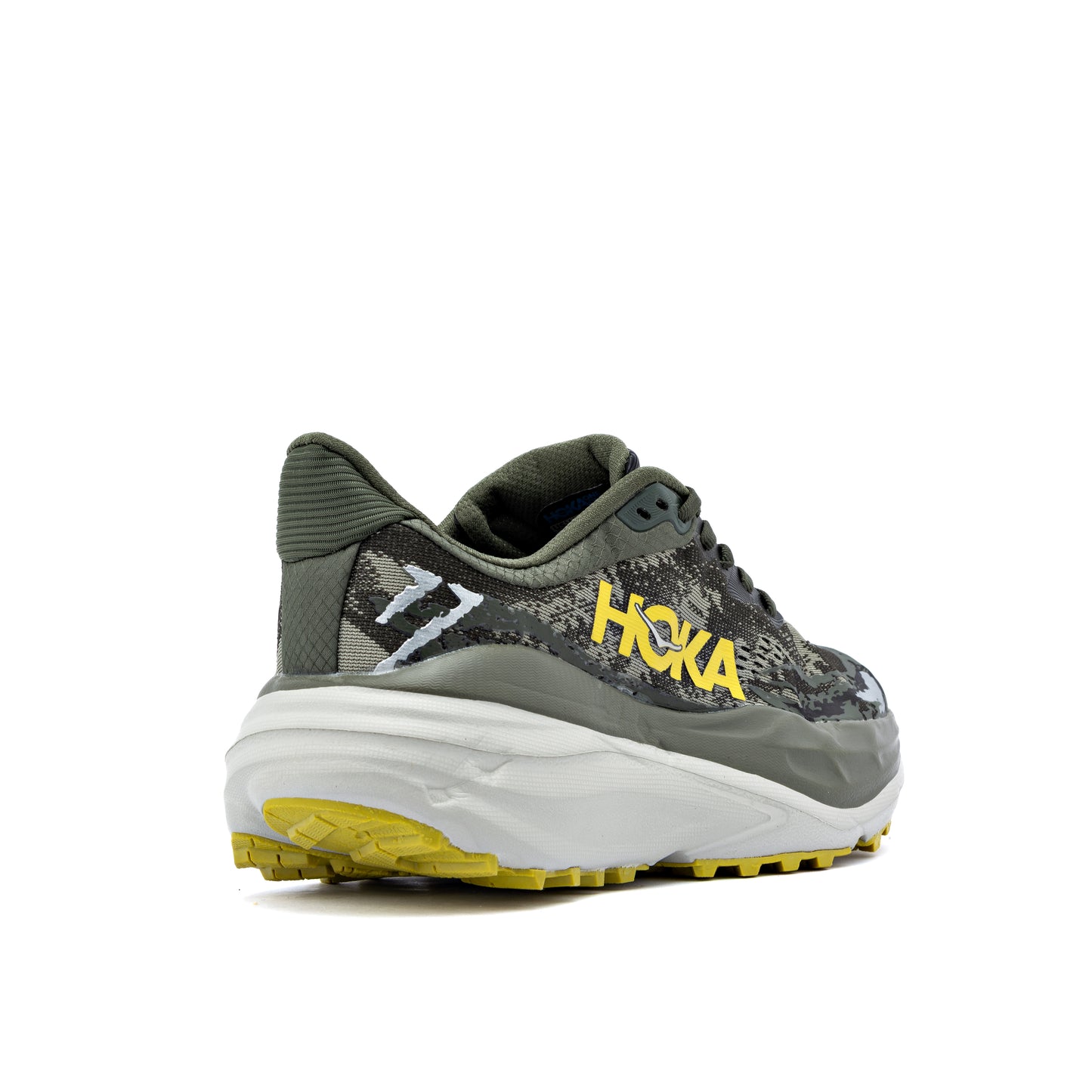 Hoka Stinson 7 trail running shoe in the green/camo