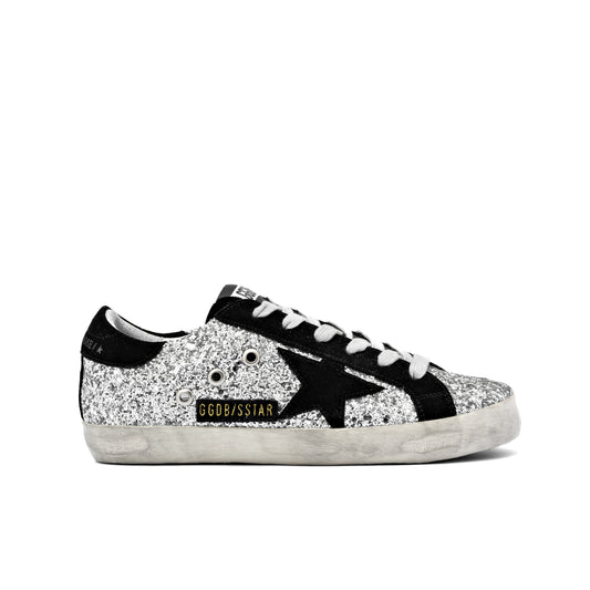 Golden Goose Super-Star Sneakers (Silver Glitter / Black Suede Star & Heel Tab / White Laces)