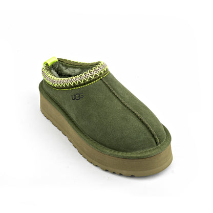 UGG Tazz slipper in burnt olive green suede with a platform sole