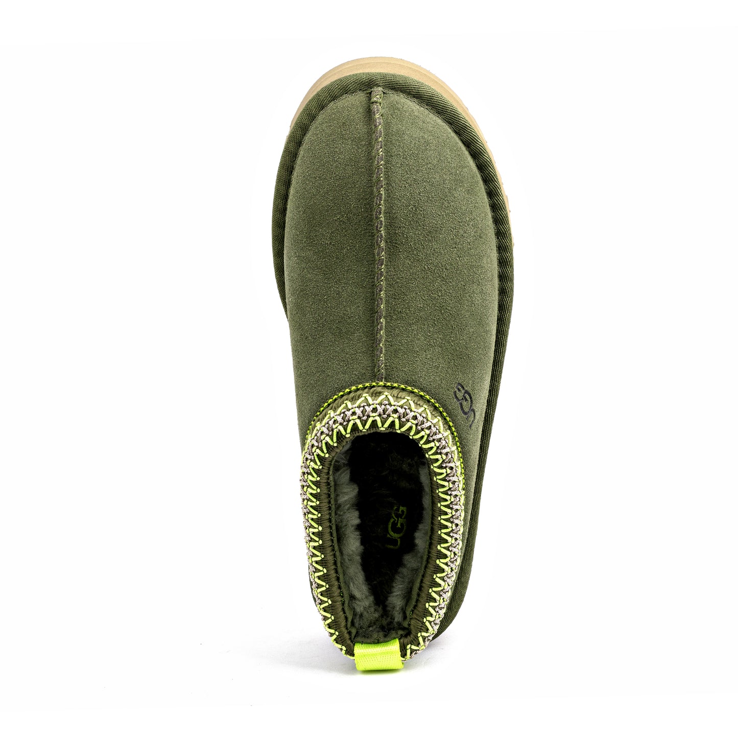 UGG Tazz slipper in burnt olive green suede with a platform sole