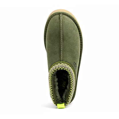 UGG Tazz slipper in burnt olive green suede with a platform sole