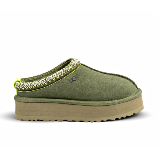 UGG Tazz slipper in burnt olive green suede with a platform sole