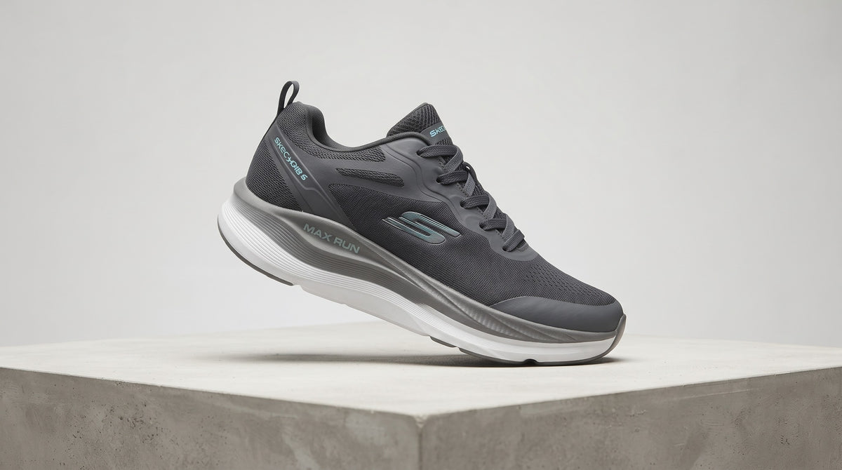 Skechers Max Run athletic sneaker with a textured mesh upper and a cushioned midsole