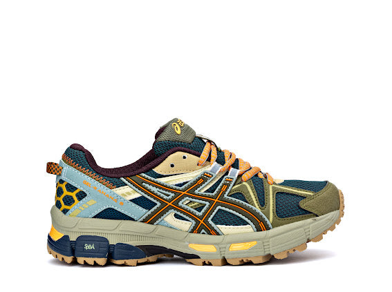 Asics Gel-Kahana 8 trail running shoe in a blue, brown, and orange