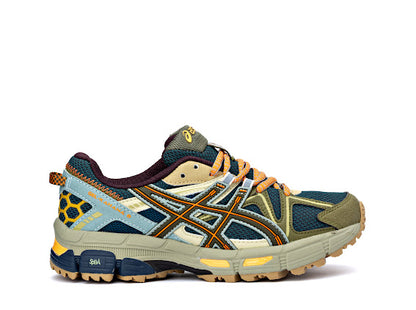 Asics Gel-Kahana 8 trail running shoe in a blue, brown, and orange