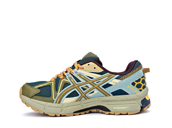 Asics Gel-Kahana 8 trail running shoe in a blue, brown, and orange
