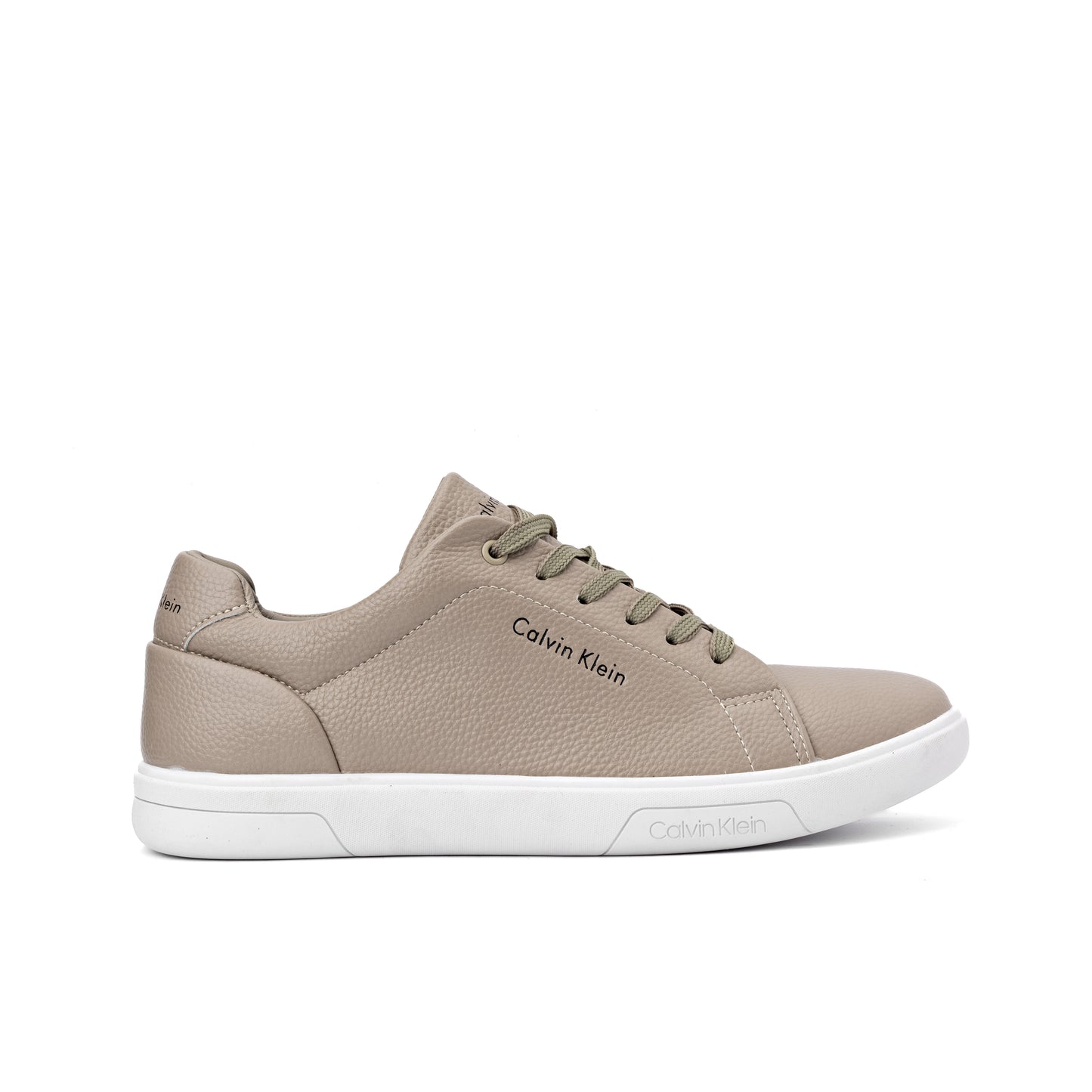 Calvin Klein Grissom men's sneaker in a taupe/beige color and a faux leather upper