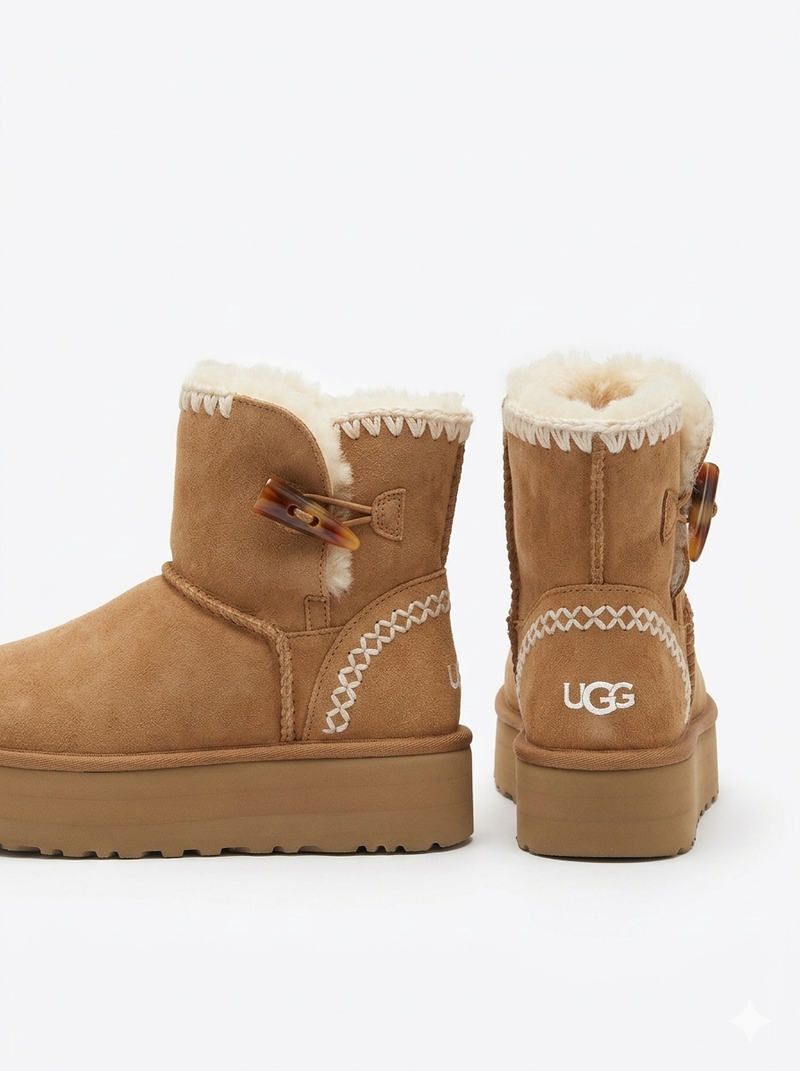 UGG Classic Ultra Mini Platform boots in a chestnut-colored suede, featuring a signature sheepskin