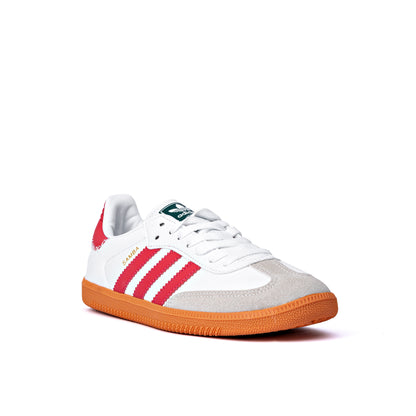 Samba OG sneakers feature a white leather upper contrasted by red stripes and a heel counter