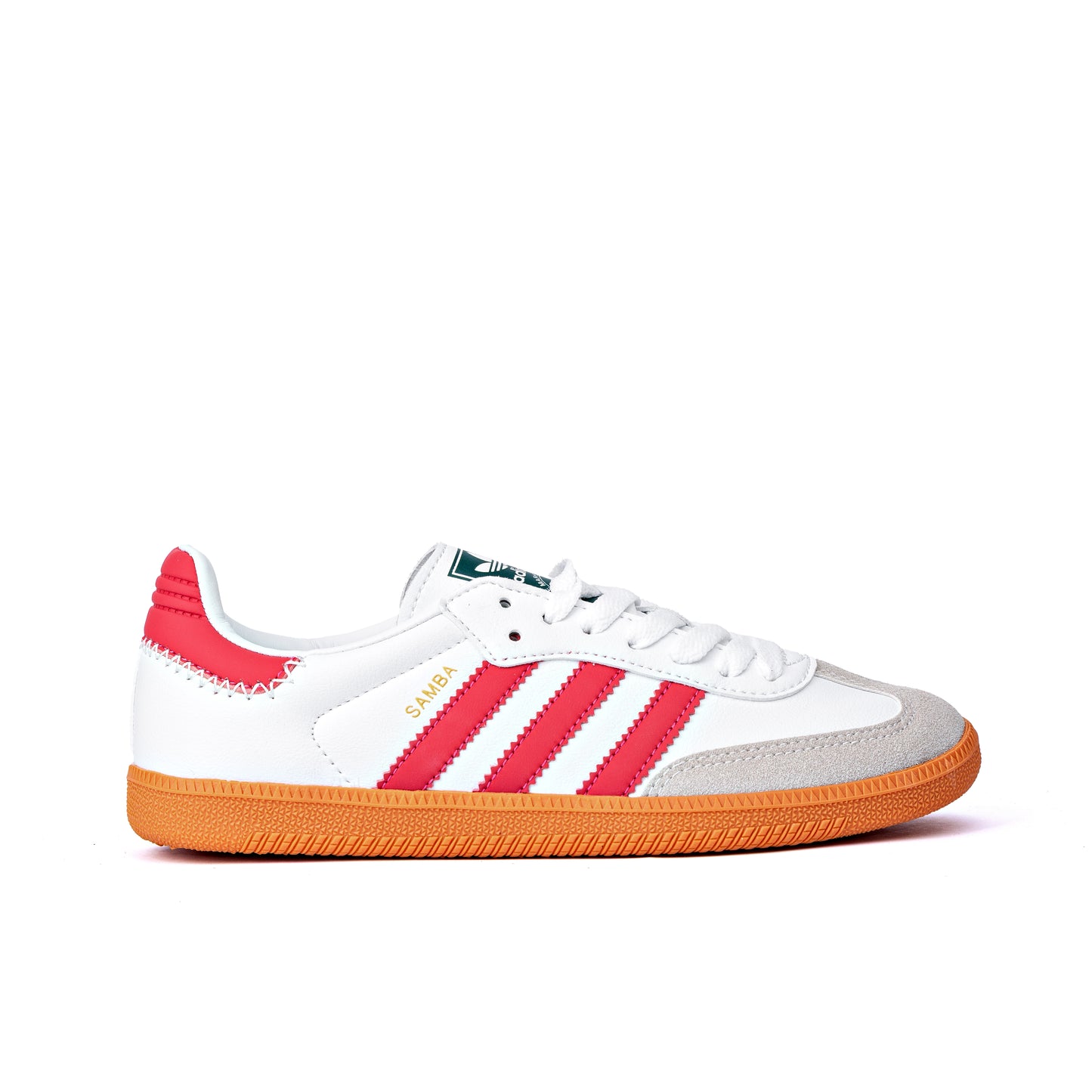 Samba OG sneakers feature a white leather upper contrasted by red stripes and a heel counter
