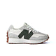 NB 327 'Moonbeam Oak Leaf Green' sneaker features a white nylon upper with light grey suede overlays and a dark green leather 'N' logo