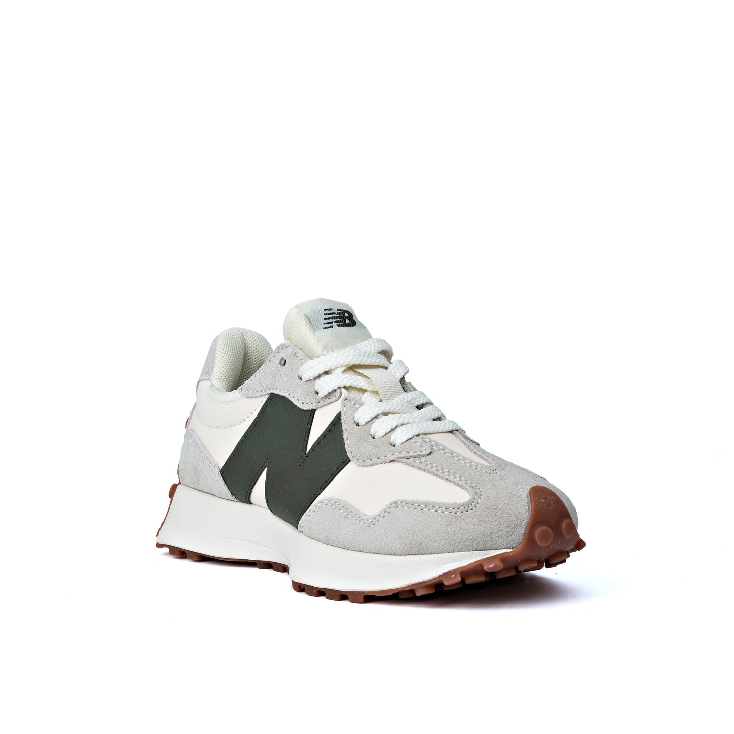 NB 327 'Moonbeam Oak Leaf Green' sneaker features a white nylon upper with light grey suede overlays and a dark green leather 'N' logo
