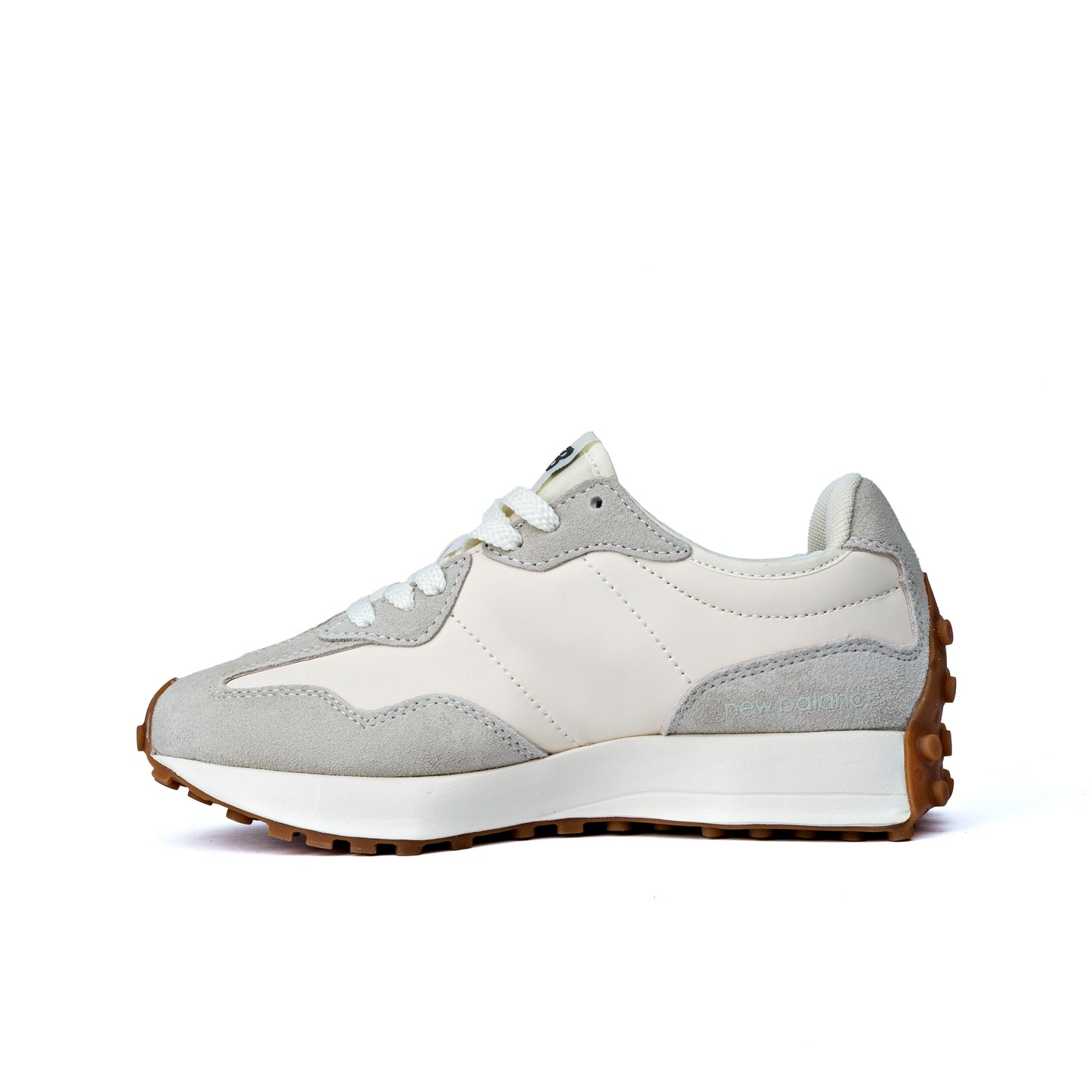 NB 327 'Moonbeam Oak Leaf Green' sneaker features a white nylon upper with light grey suede overlays and a dark green leather 'N' logo