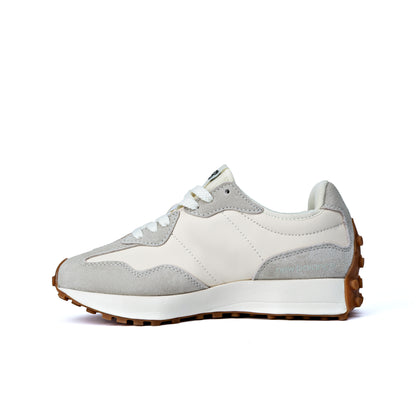 NB 327 'Moonbeam Oak Leaf Green' sneaker features a white nylon upper with light grey suede overlays and a dark green leather 'N' logo
