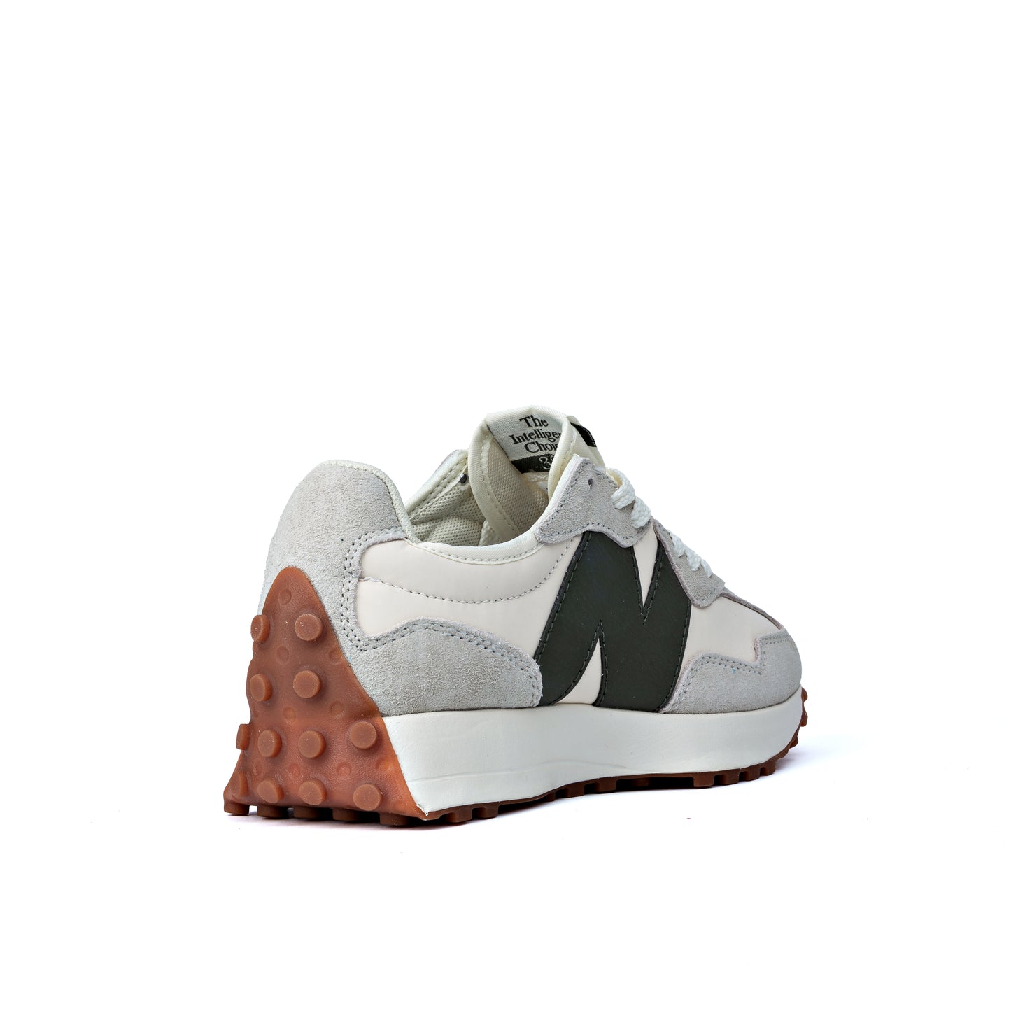 NB 327 'Moonbeam Oak Leaf Green' sneaker features a white nylon upper with light grey suede overlays and a dark green leather 'N' logo