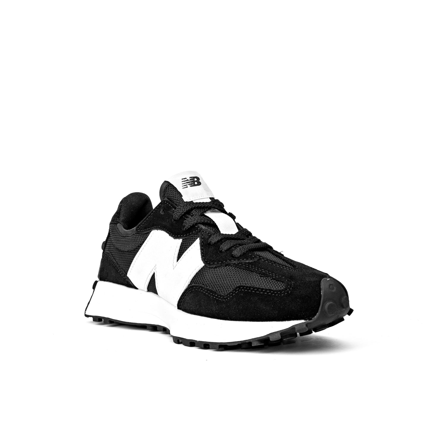 NB 327 sneakers in black and white, featuring a signature oversized 'N' logo and a trail-inspired rubber