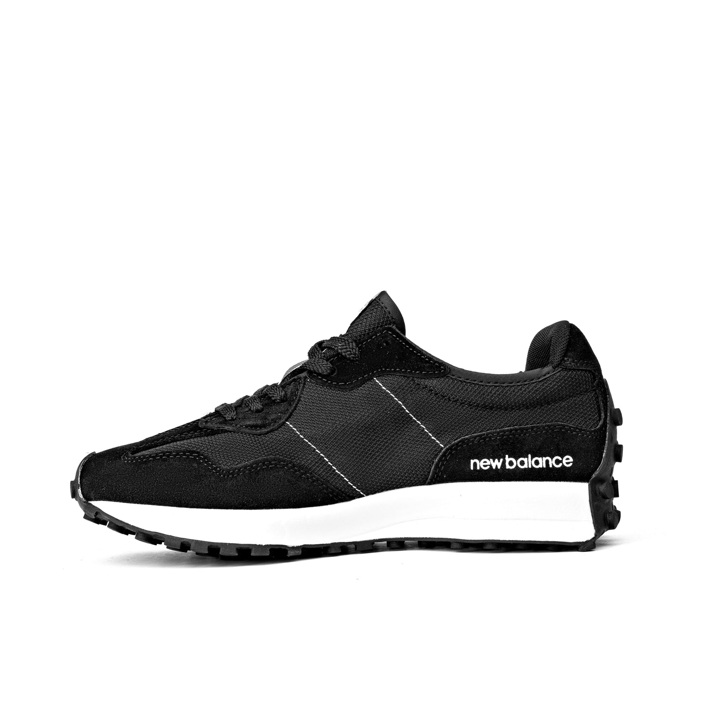 NB 327 sneakers in black and white, featuring a signature oversized 'N' logo and a trail-inspired rubber
