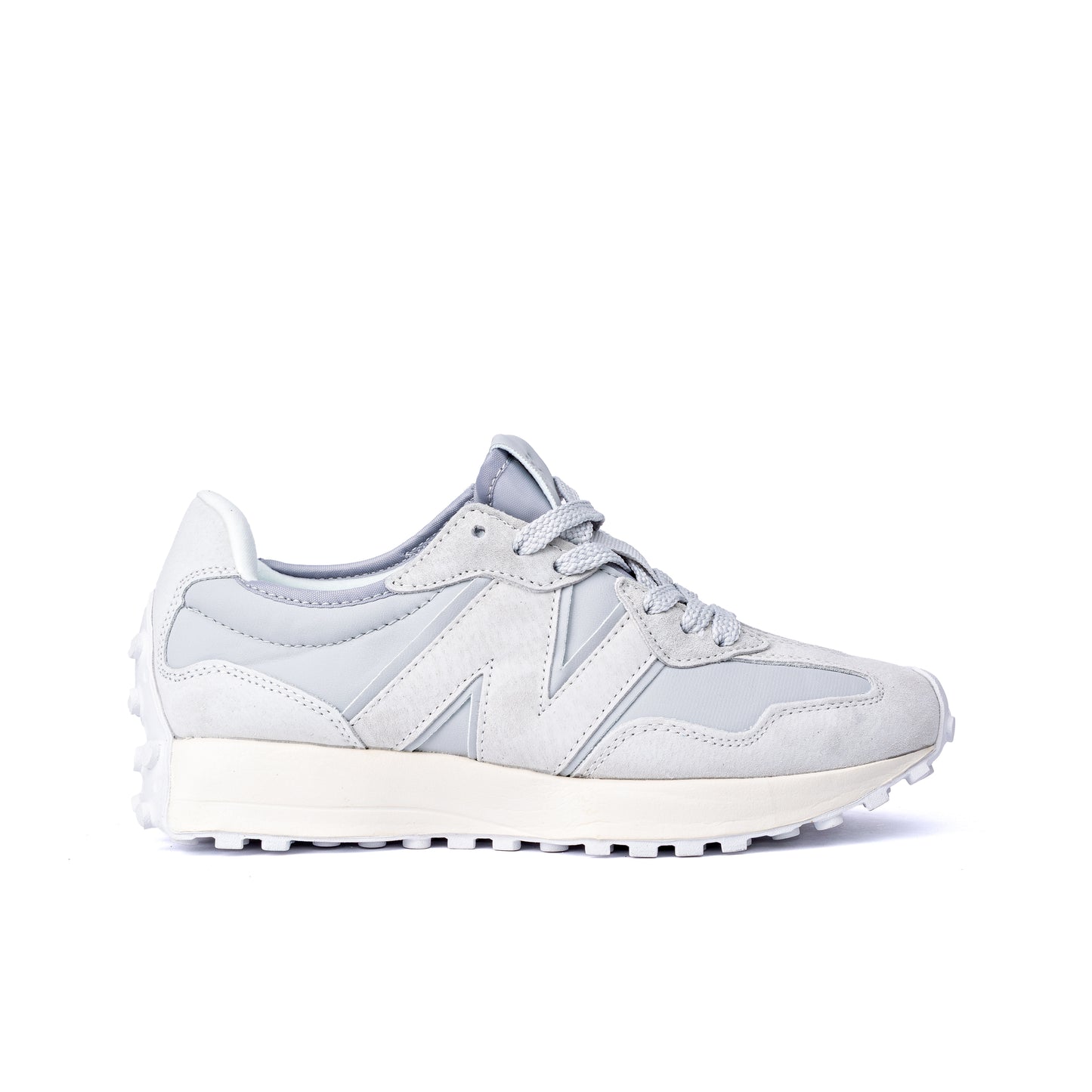 NB 327 sneakers feature a grey suede and nylon upper with a large white "N" logo on the side