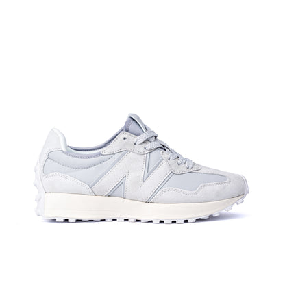 NB 327 sneakers feature a grey suede and nylon upper with a large white "N" logo on the side