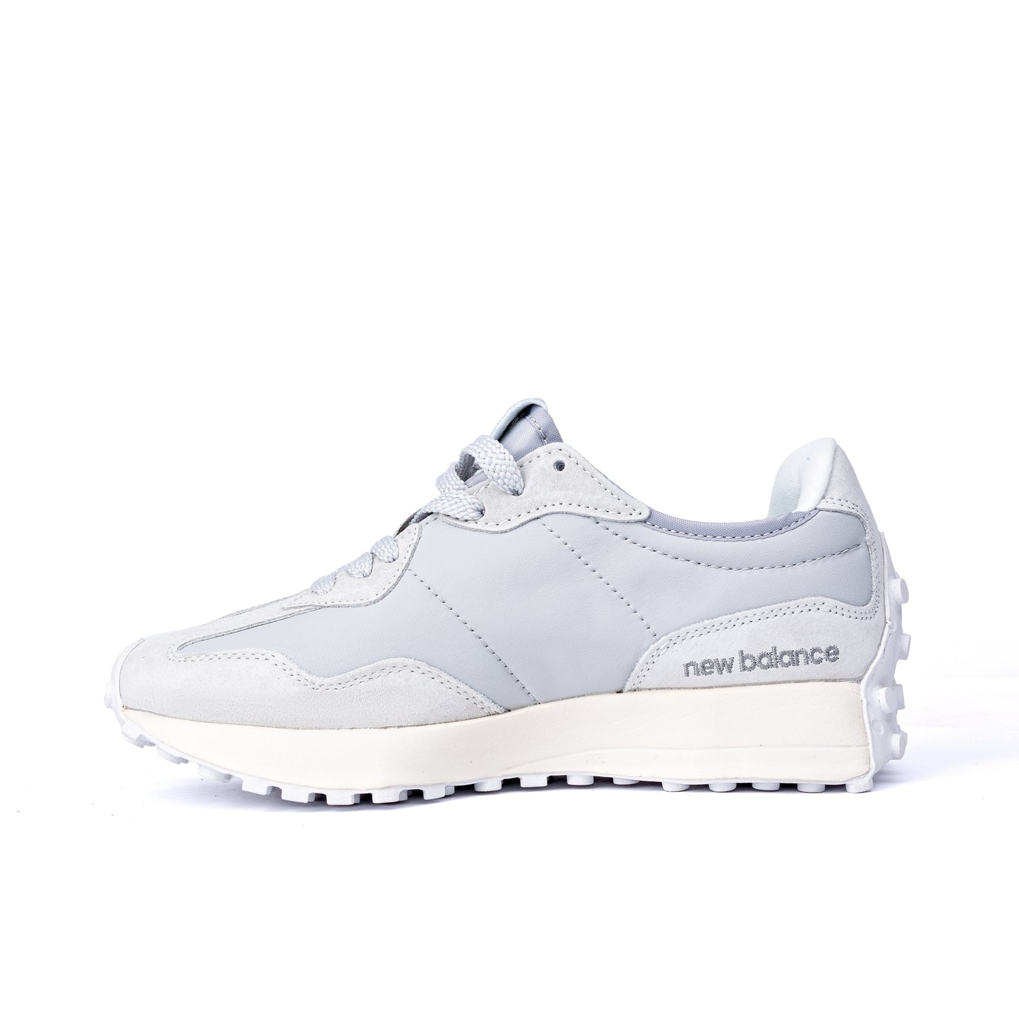 NB 327 sneakers feature a grey suede and nylon upper with a large white "N" logo on the side