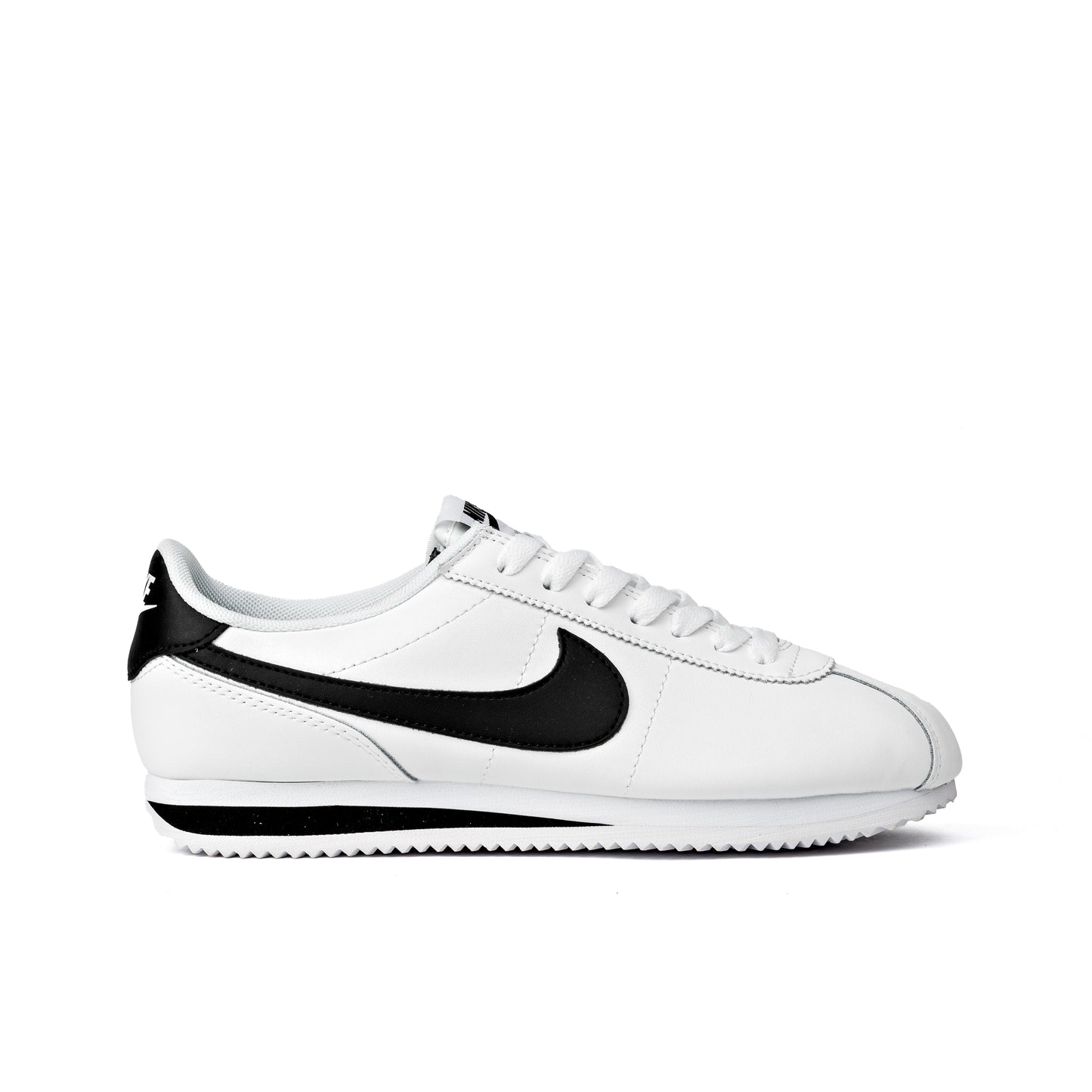 Cortez shoes featuring a classic white leather upper with a contrasting black Swoosh logo