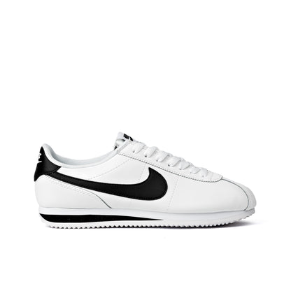 Cortez shoes featuring a classic white leather upper with a contrasting black Swoosh logo
