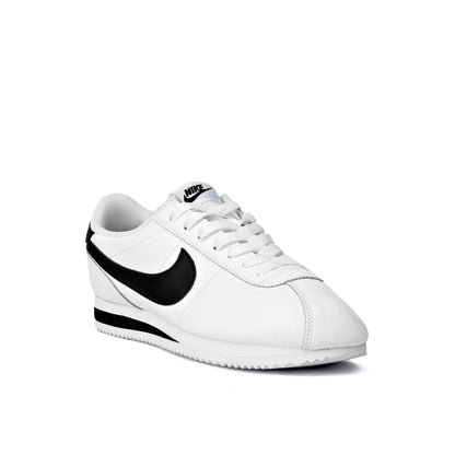 Cortez shoes featuring a classic white leather upper with a contrasting black Swoosh logo