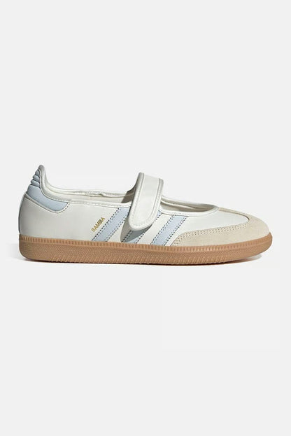 Samba Jane White-sky sneakers feature a distinctive halo blue striped design and a secure hook-and-loop strap