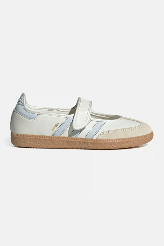 Samba Jane White-sky sneakers feature a distinctive halo blue striped design and a secure hook-and-loop strap